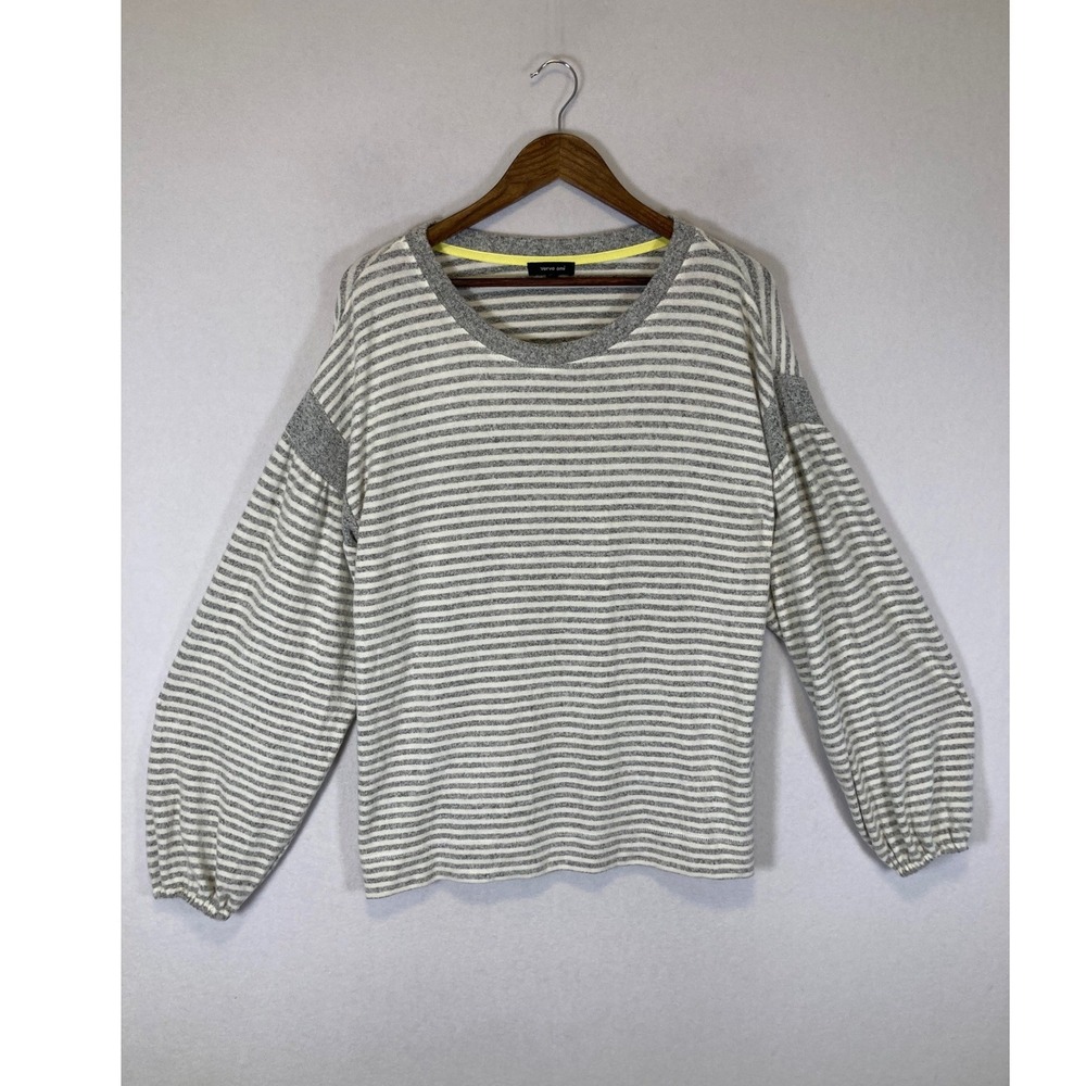 Casual Verve Ami Women‎ Large Grey White Striped Balloon Sleeve Scoop Neck Top